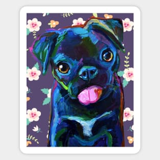 Cute BLACK PUG PUPPY with Vintage Flowers by Robert Phelps Sticker